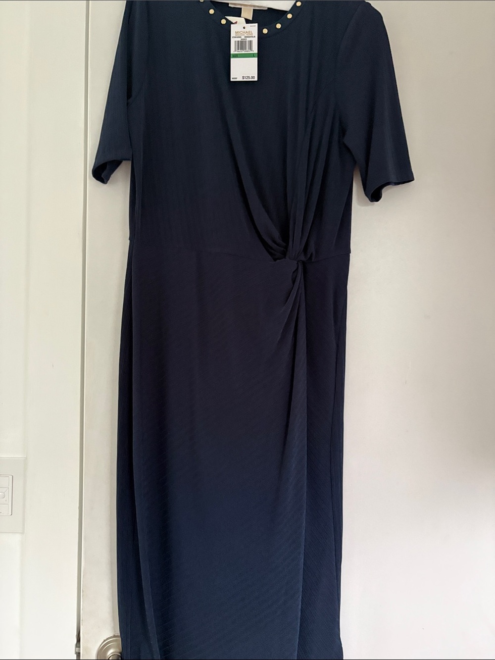 Michael Kors Navy Twist-Knot Midi Dress with Studded Neckline